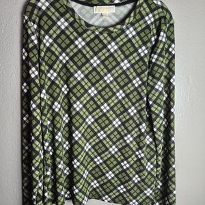 Michael Kors Green and Black Plaid Long Sleeve Top